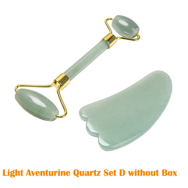 Natural Rose Quartz Jade Roller Gua Sha Scraper Set