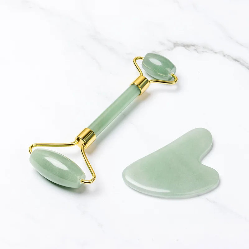 Natural Rose Quartz Jade Roller Gua Sha Scraper Set