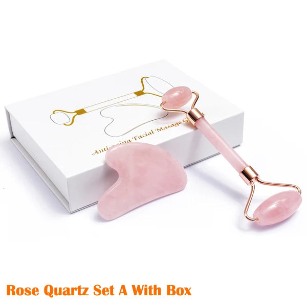 Natural Rose Quartz Jade Roller Gua Sha Scraper Set