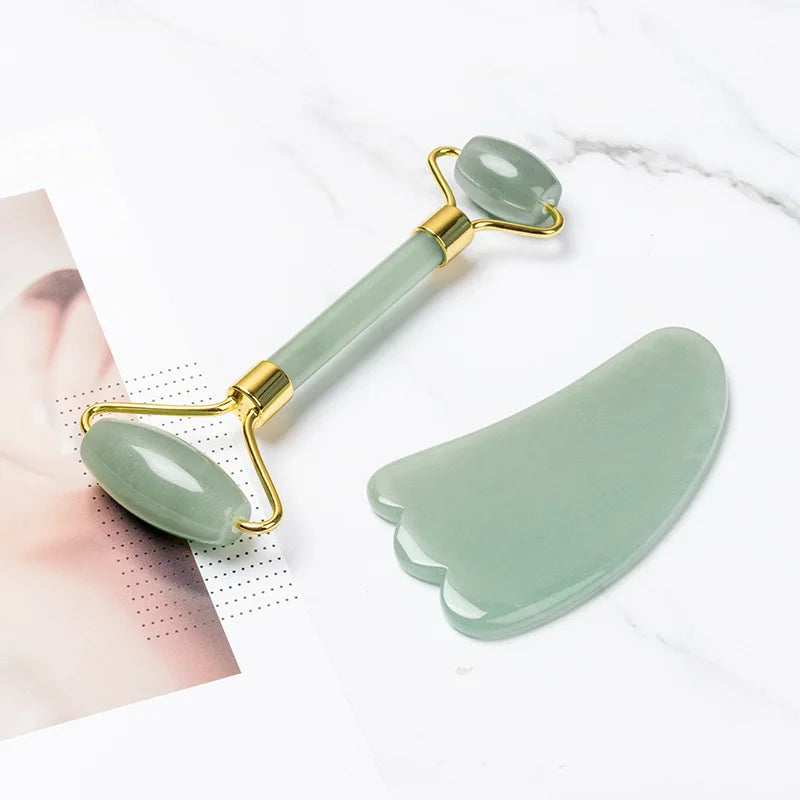 Natural Rose Quartz Jade Roller Gua Sha Scraper Set