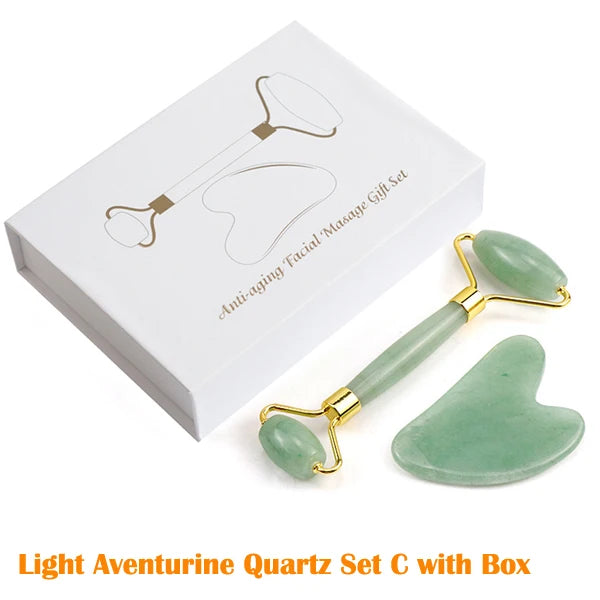 Natural Rose Quartz Jade Roller Gua Sha Scraper Set