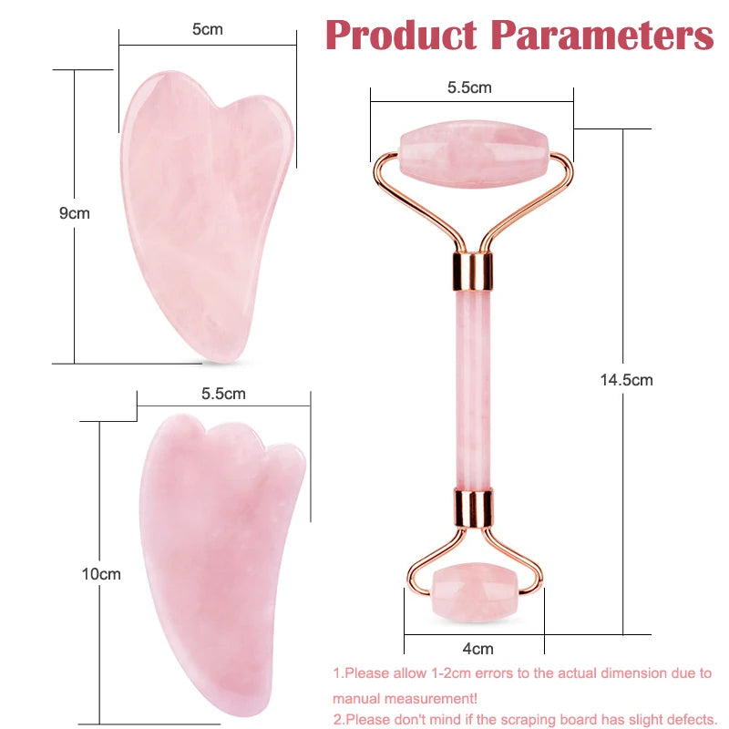 Natural Rose Quartz Jade Roller Gua Sha Scraper Set