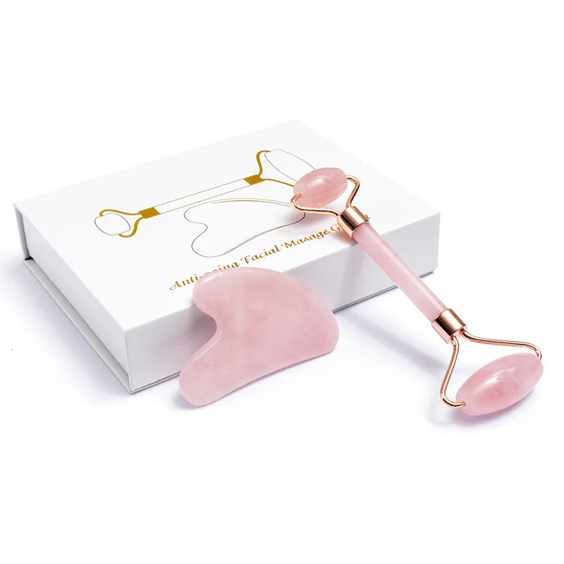 Natural Rose Quartz Jade Roller Gua Sha Scraper Set