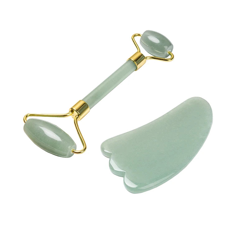 Natural Rose Quartz Jade Roller Gua Sha Scraper Set