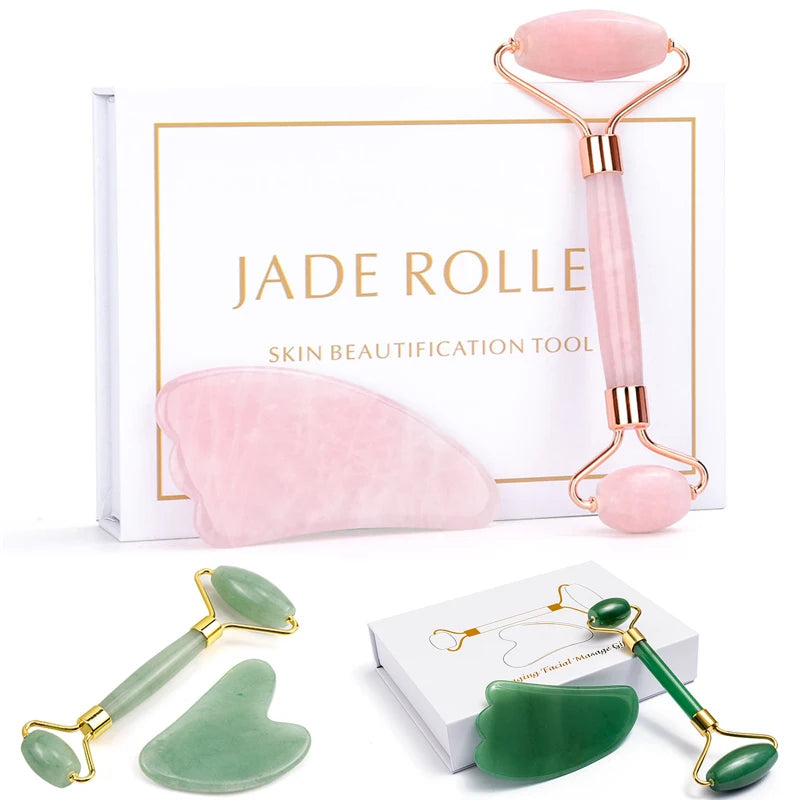 Natural Rose Quartz Jade Roller Gua Sha Scraper Set