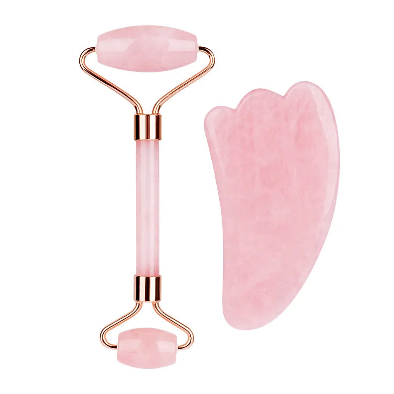 Natural Rose Quartz Jade Roller Gua Sha Scraper Set