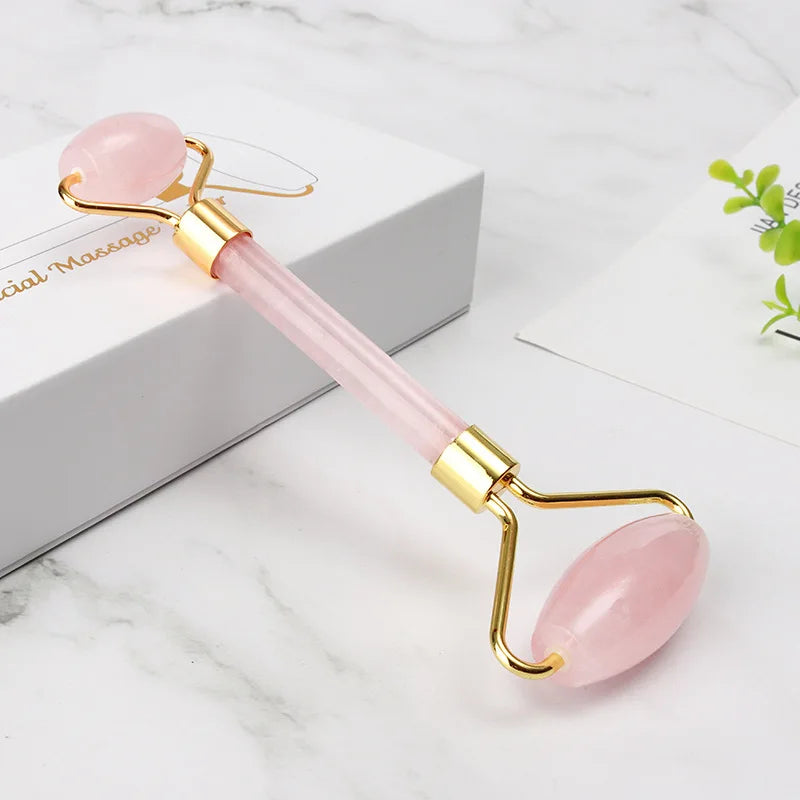 Natural Rose Quartz Jade Roller Gua Sha Scraper Set