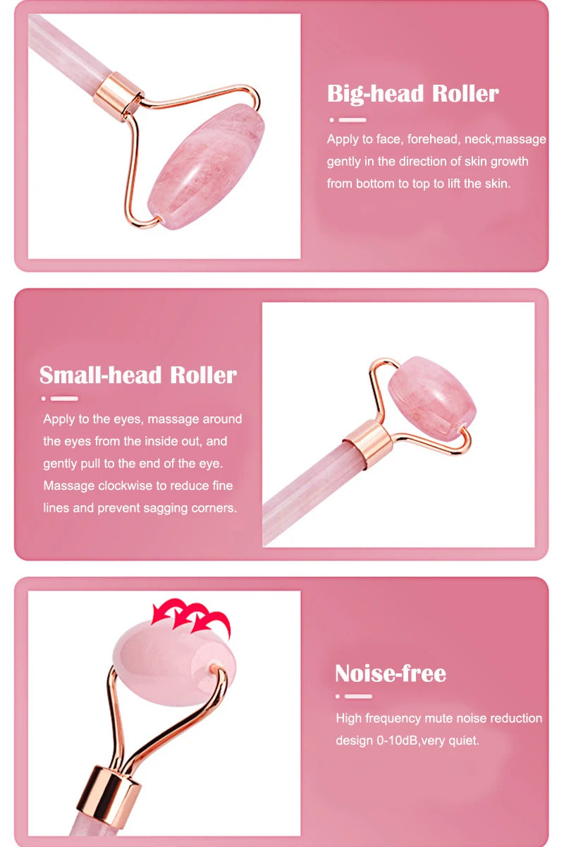 Natural Rose Quartz Jade Roller Gua Sha Scraper Set