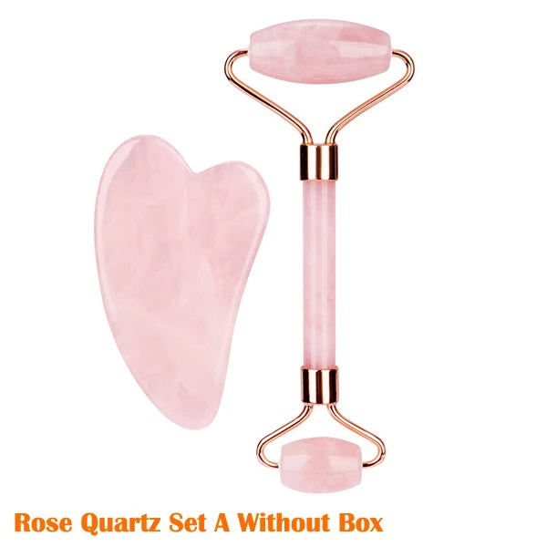 Natural Rose Quartz Jade Roller Gua Sha Scraper Set