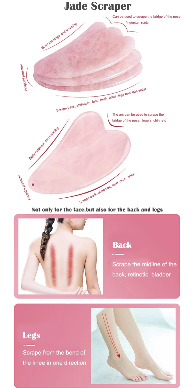 Natural Rose Quartz Jade Roller Gua Sha Scraper Set