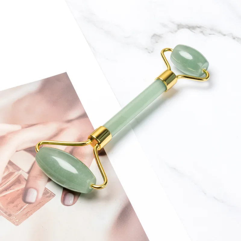 Natural Rose Quartz Jade Roller Gua Sha Scraper Set