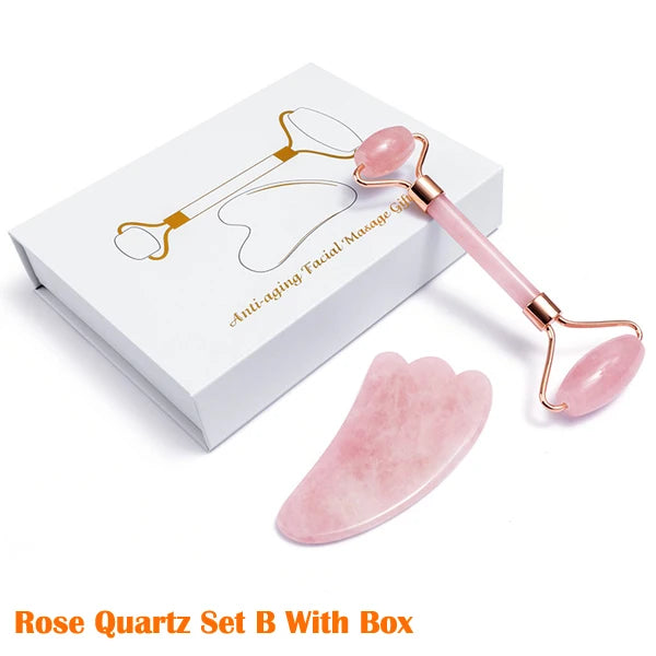 Natural Rose Quartz Jade Roller Gua Sha Scraper Set