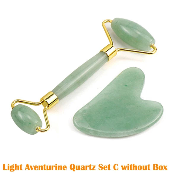 Natural Rose Quartz Jade Roller Gua Sha Scraper Set