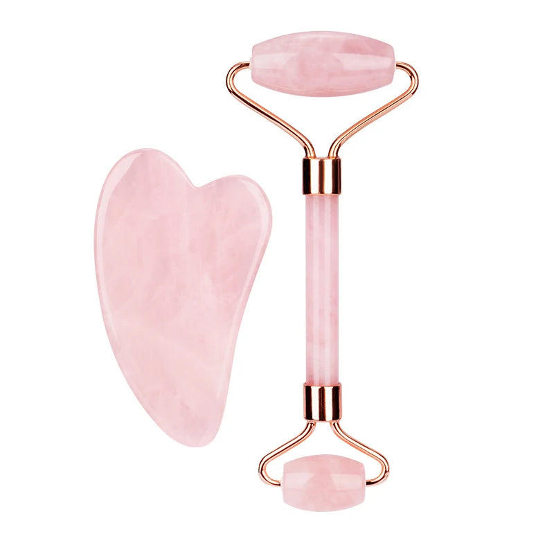 Natural Rose Quartz Jade Roller Gua Sha Scraper Set