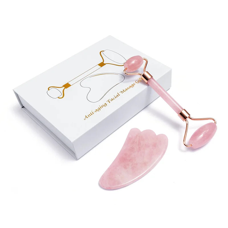 Natural Rose Quartz Jade Roller Gua Sha Scraper Set