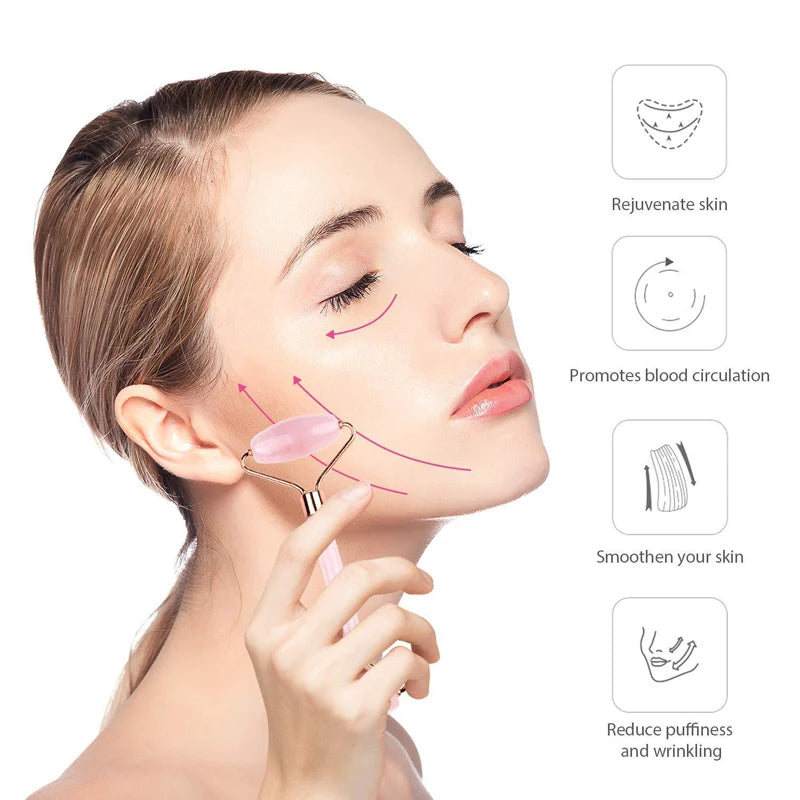 Natural Rose Quartz Jade Roller Gua Sha Scraper Set