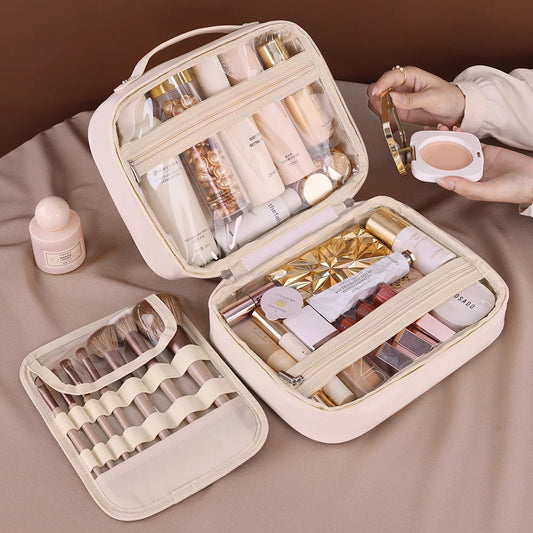 Women PU Leather Double Layer Travel Makeup Wash Clear Cosmetic Bag