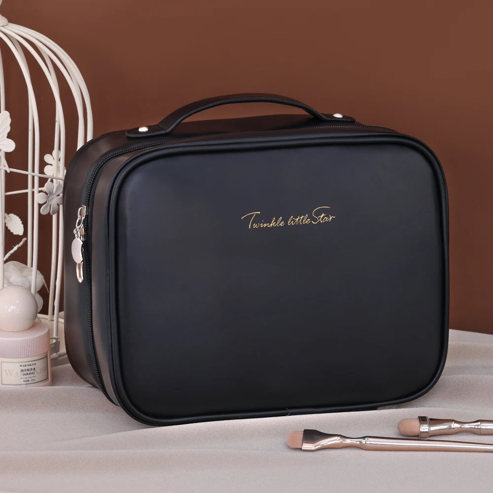 Women PU Leather Double Layer Travel Makeup Wash Clear Cosmetic Bag