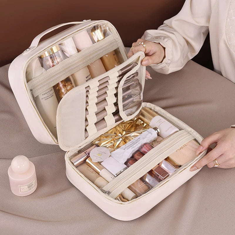 Women PU Leather Double Layer Travel Makeup Wash Clear Cosmetic Bag