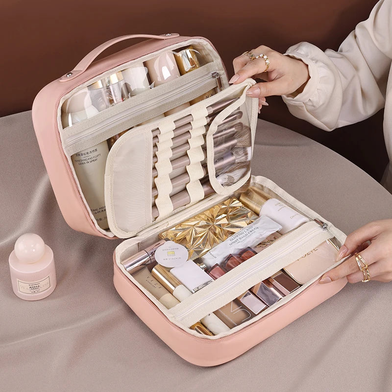 Women PU Leather Double Layer Travel Makeup Wash Clear Cosmetic Bag