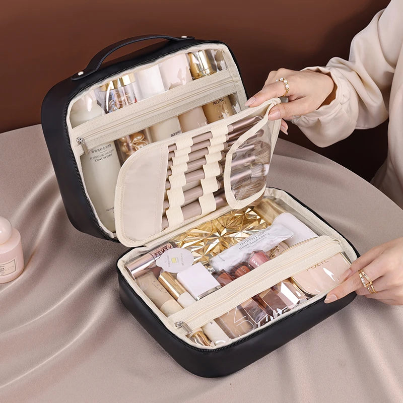 Women PU Leather Double Layer Travel Makeup Wash Clear Cosmetic Bag