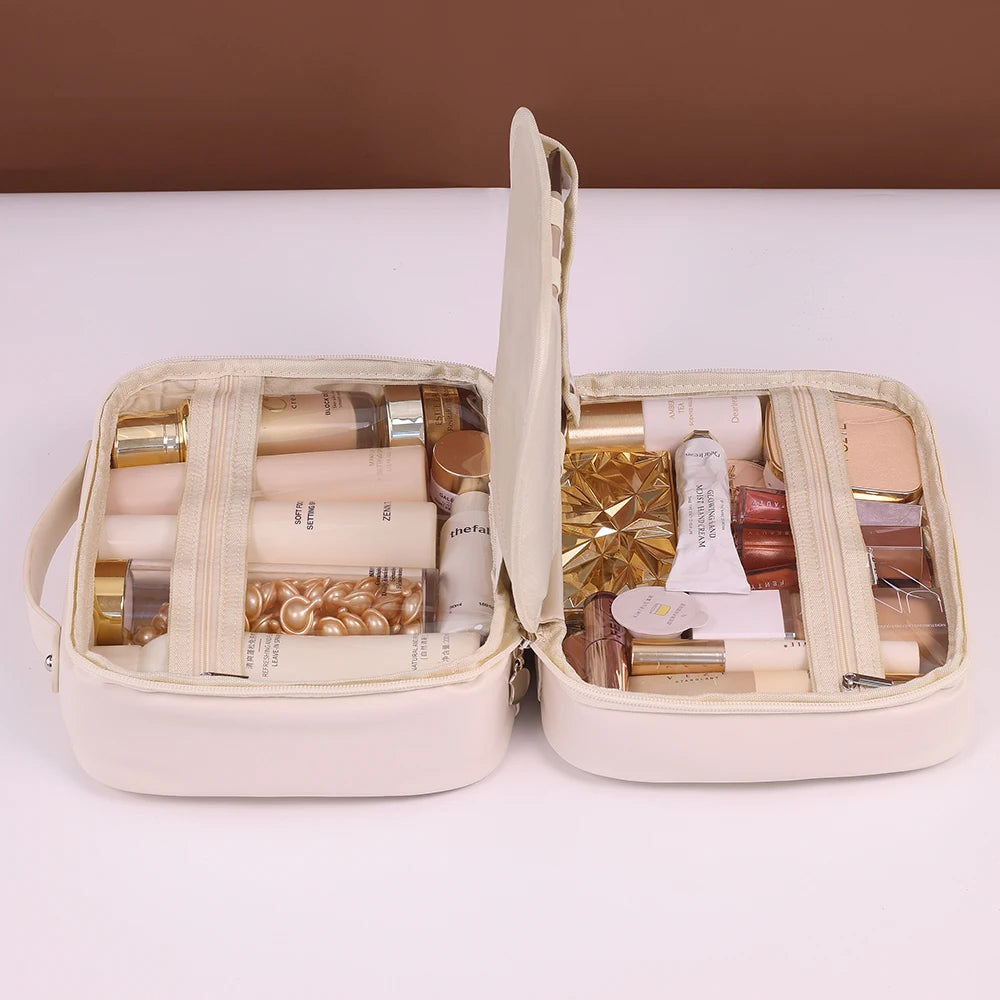 Women PU Leather Double Layer Travel Makeup Wash Clear Cosmetic Bag