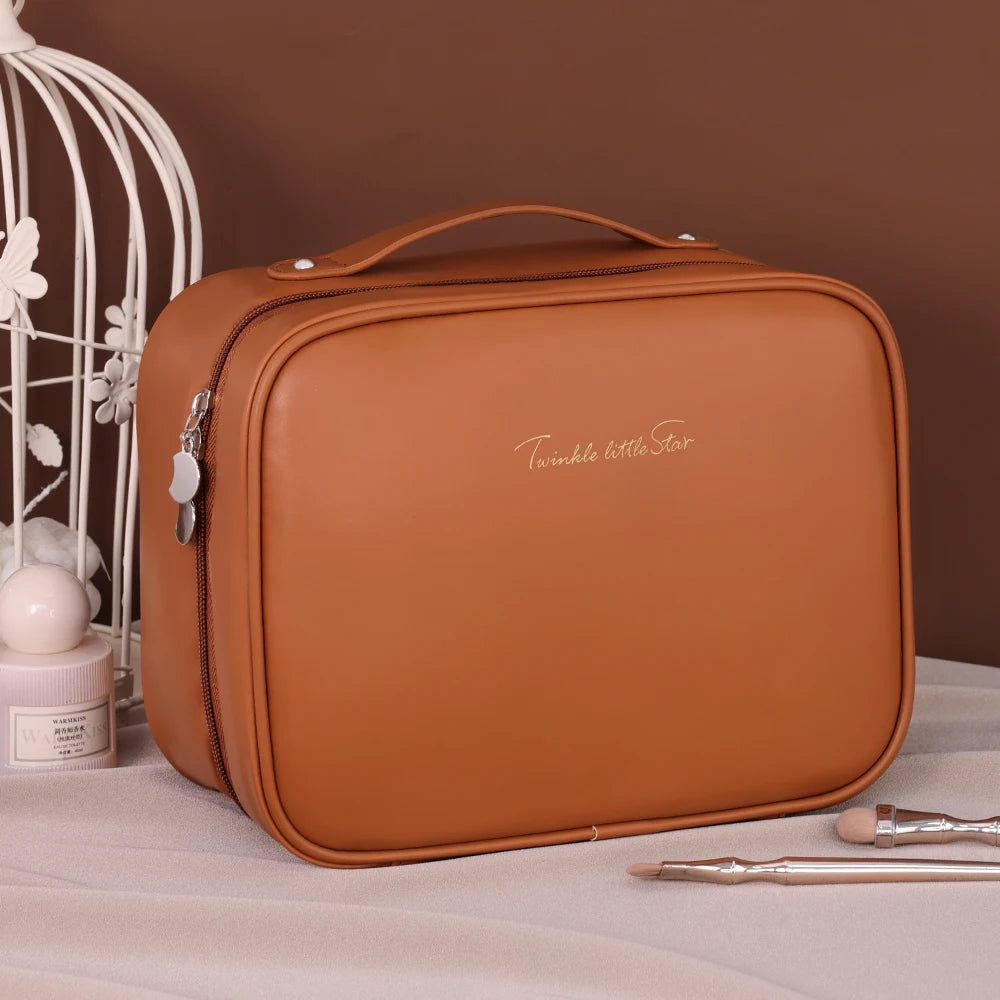 Women PU Leather Double Layer Travel Makeup Wash Clear Cosmetic Bag