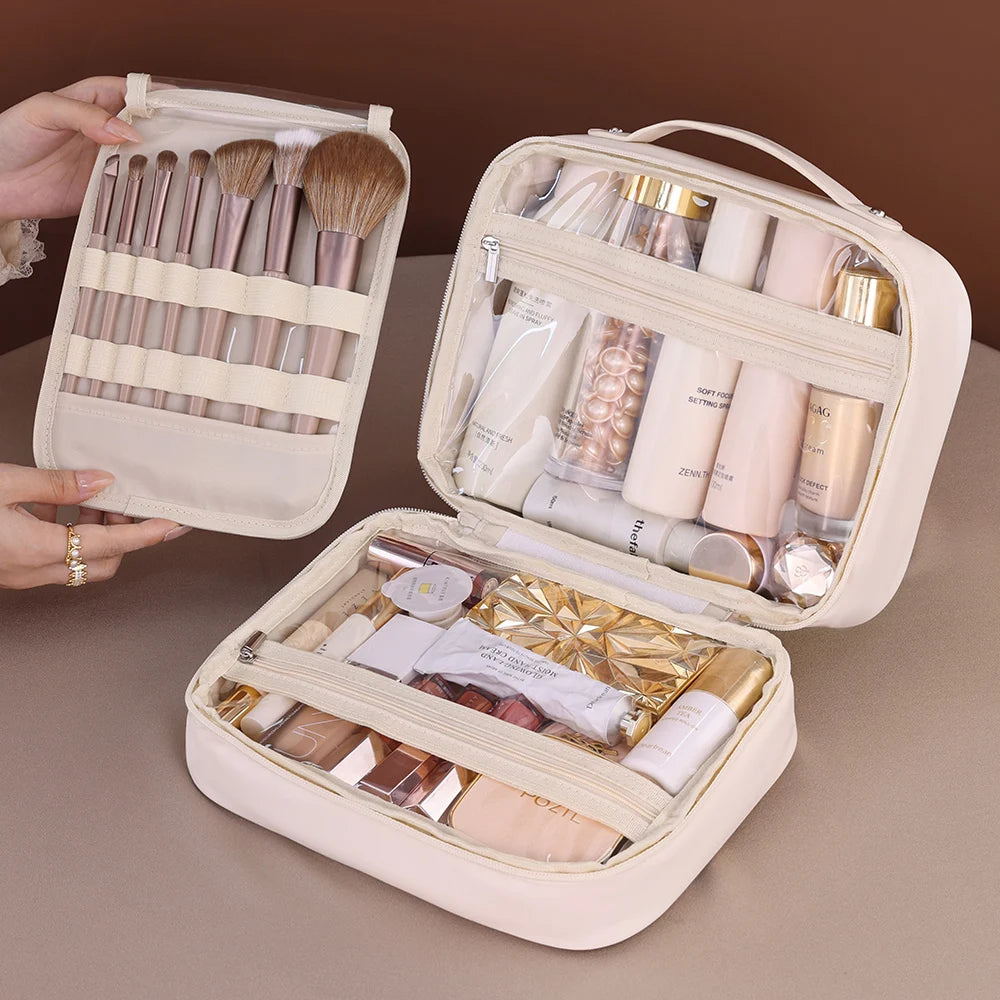 Women PU Leather Double Layer Travel Makeup Wash Clear Cosmetic Bag