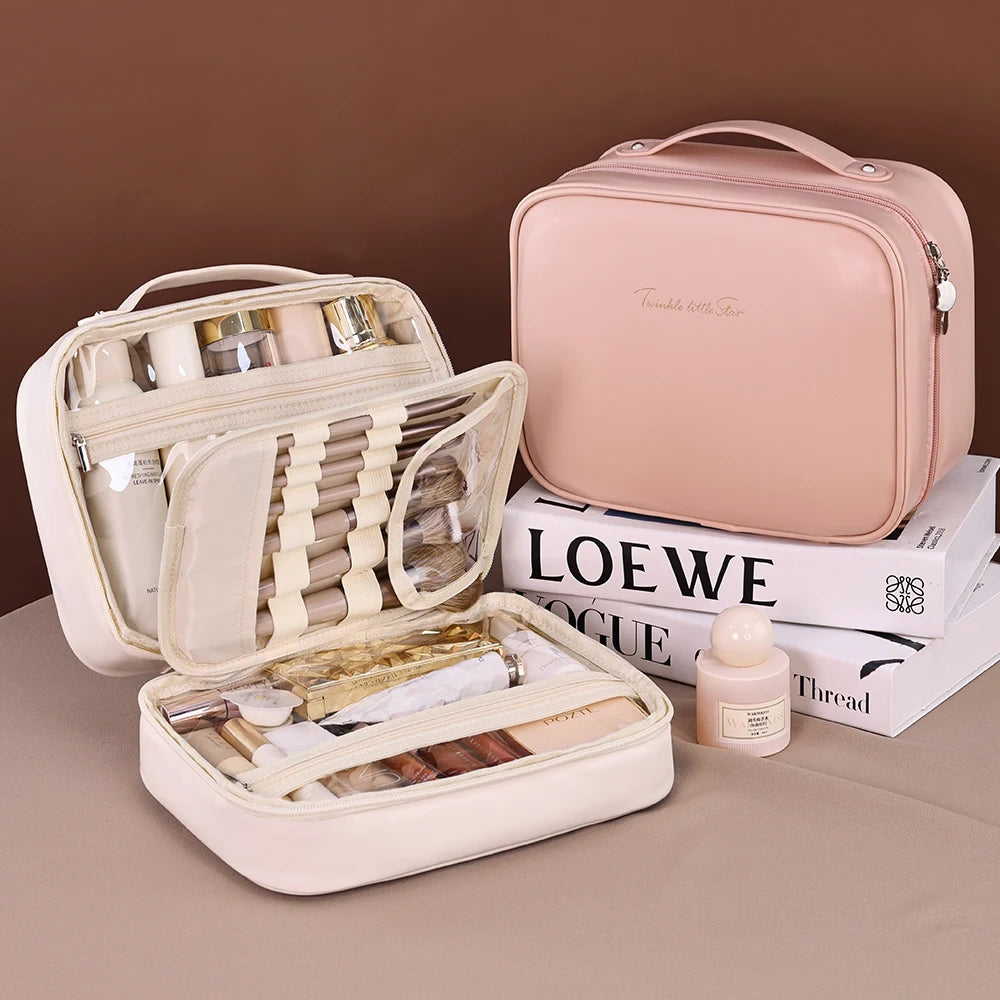 Women PU Leather Double Layer Travel Makeup Wash Clear Cosmetic Bag