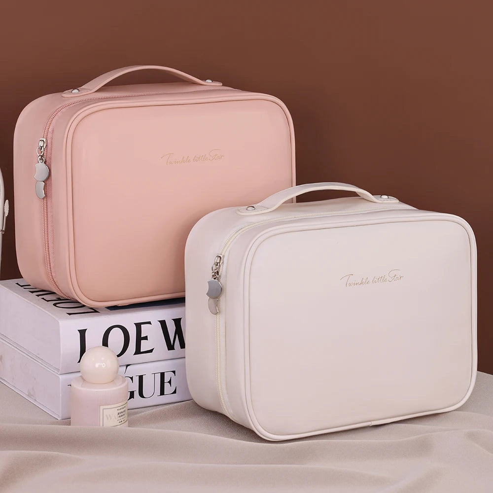 Women PU Leather Double Layer Travel Makeup Wash Clear Cosmetic Bag