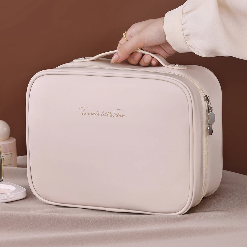 Women PU Leather Double Layer Travel Makeup Wash Clear Cosmetic Bag